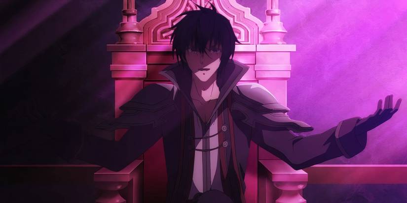 Anos Voldigoad in The Misfit of Demon King Academy sitting on his throne in his past life