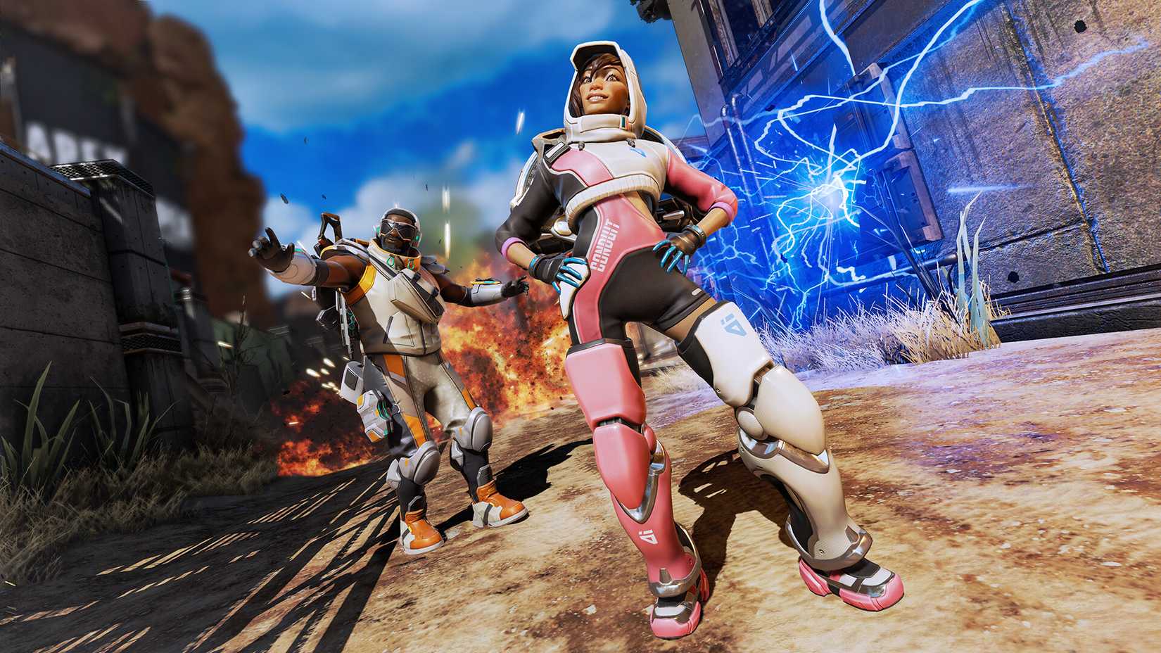 Apex Legends character posing standing with eletricity behind them