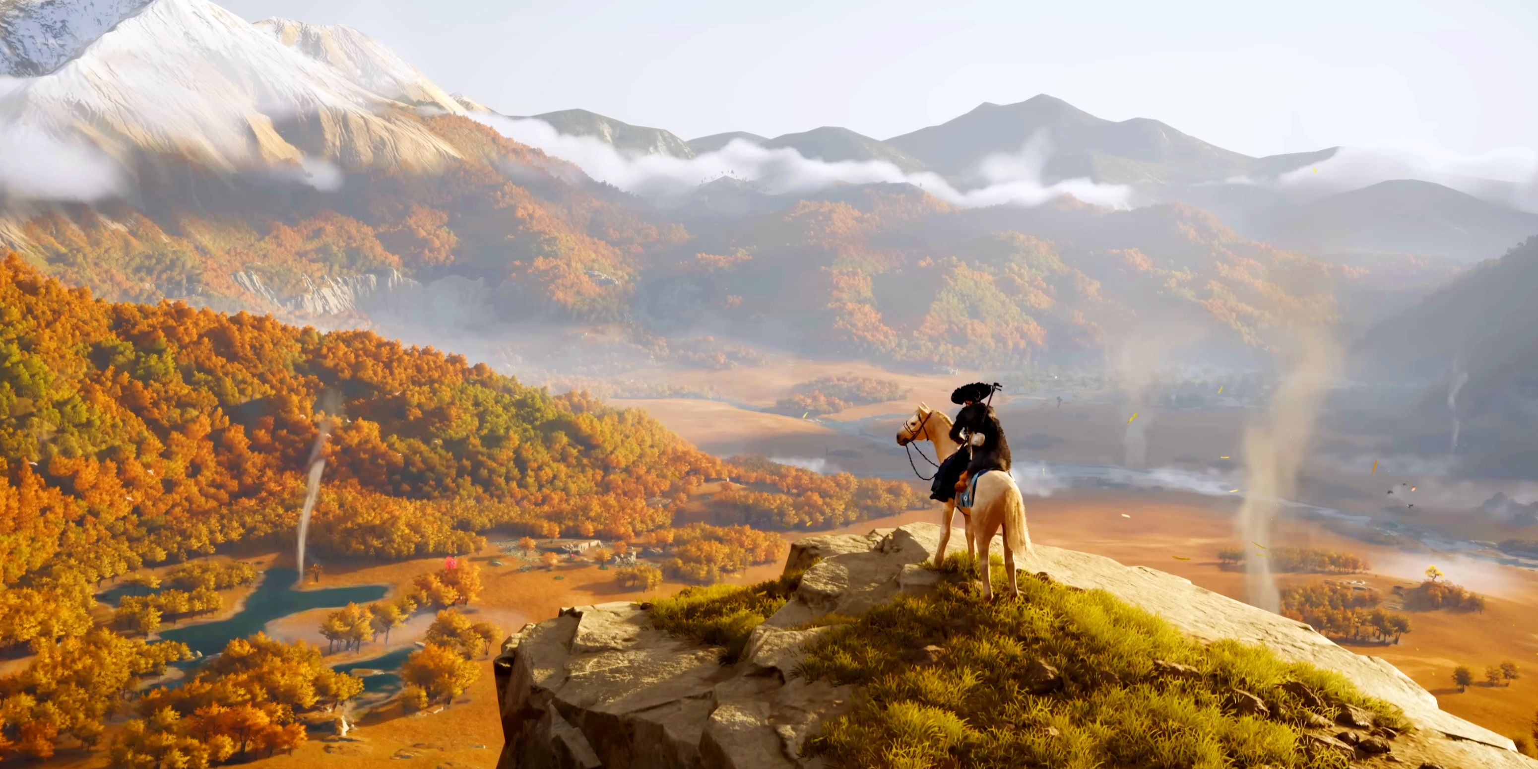 Atsu sitting on her horse on a cliff overlooking a valley in Ghost of Yotei.
