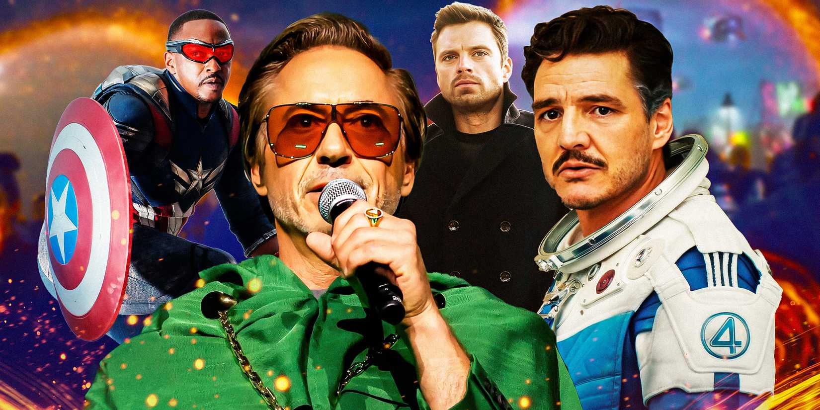 Split image of RDJ as Doctor Doom, Mister Fantastic, Bucky and Sam Wilson as Captain America