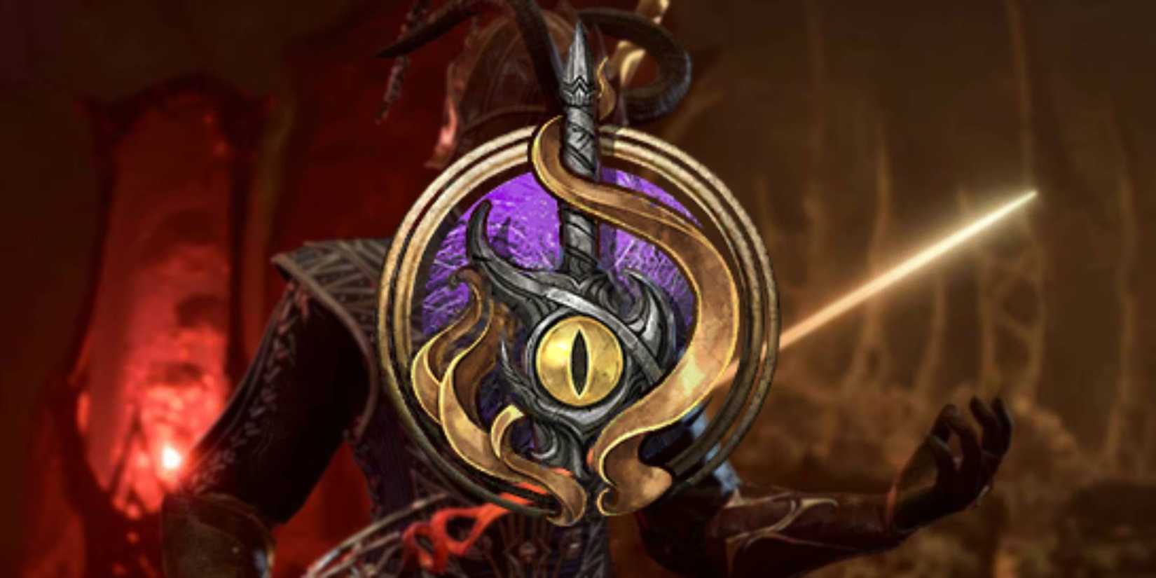 Baldurs Gate 3 Hexblade Warlock subclass symbol from Patch 8 with Wyll Warlock origin character in the background