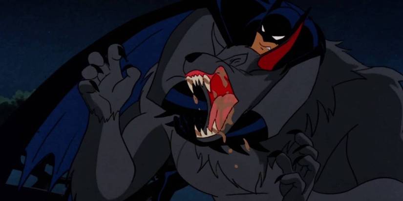 Batman grappling Werewolf in Batman The Animated Series Moon of the Wolf