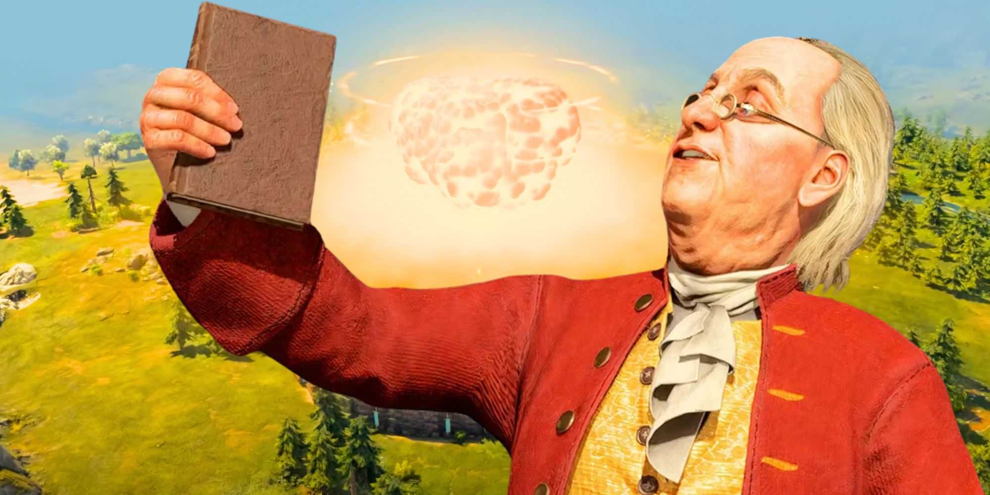Ben Franklin from Civ 7 over an explosion in the game
