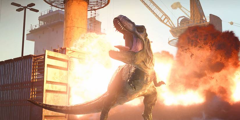 Big Eatie rawrs in front of explosions in Jurassic World Chaos Theory season 1