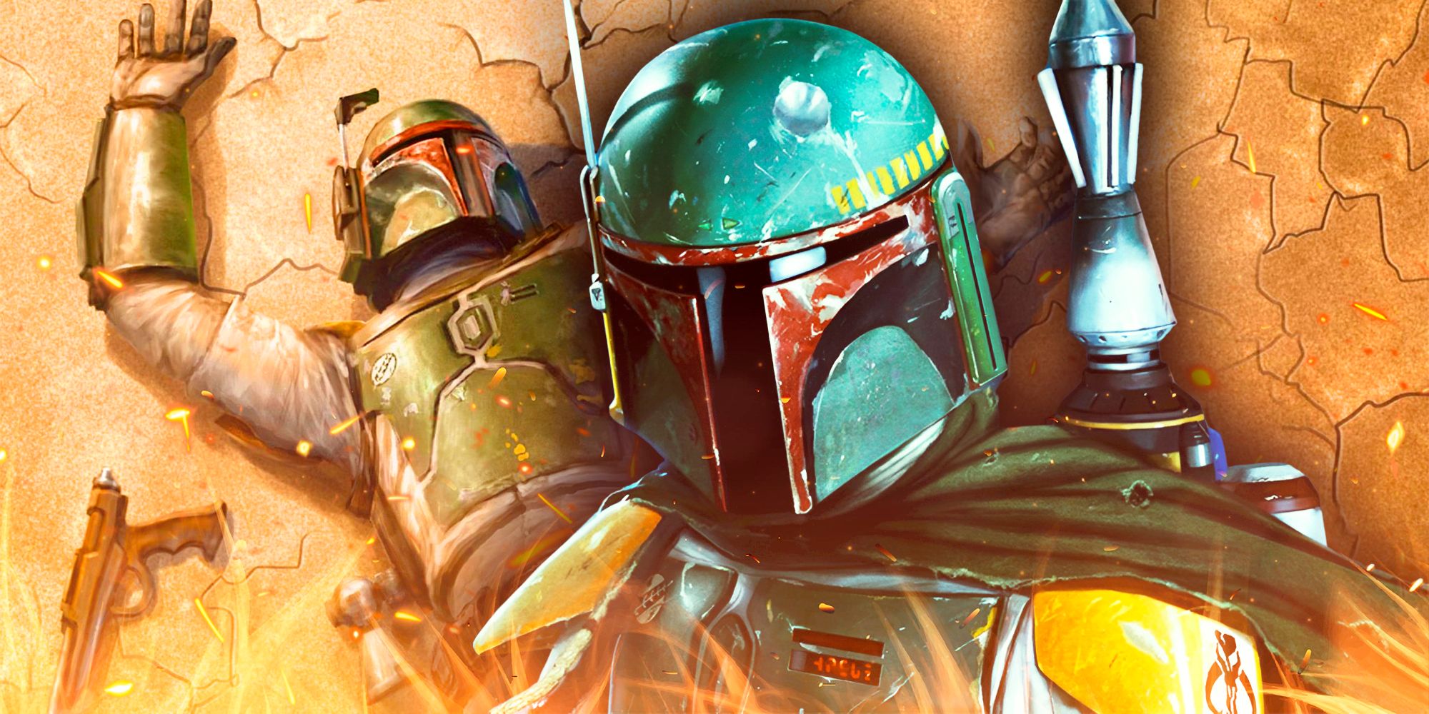 Boba Fett wearing his helmet in the foreground and the cover of Star Wars: Blood Ties in the background.