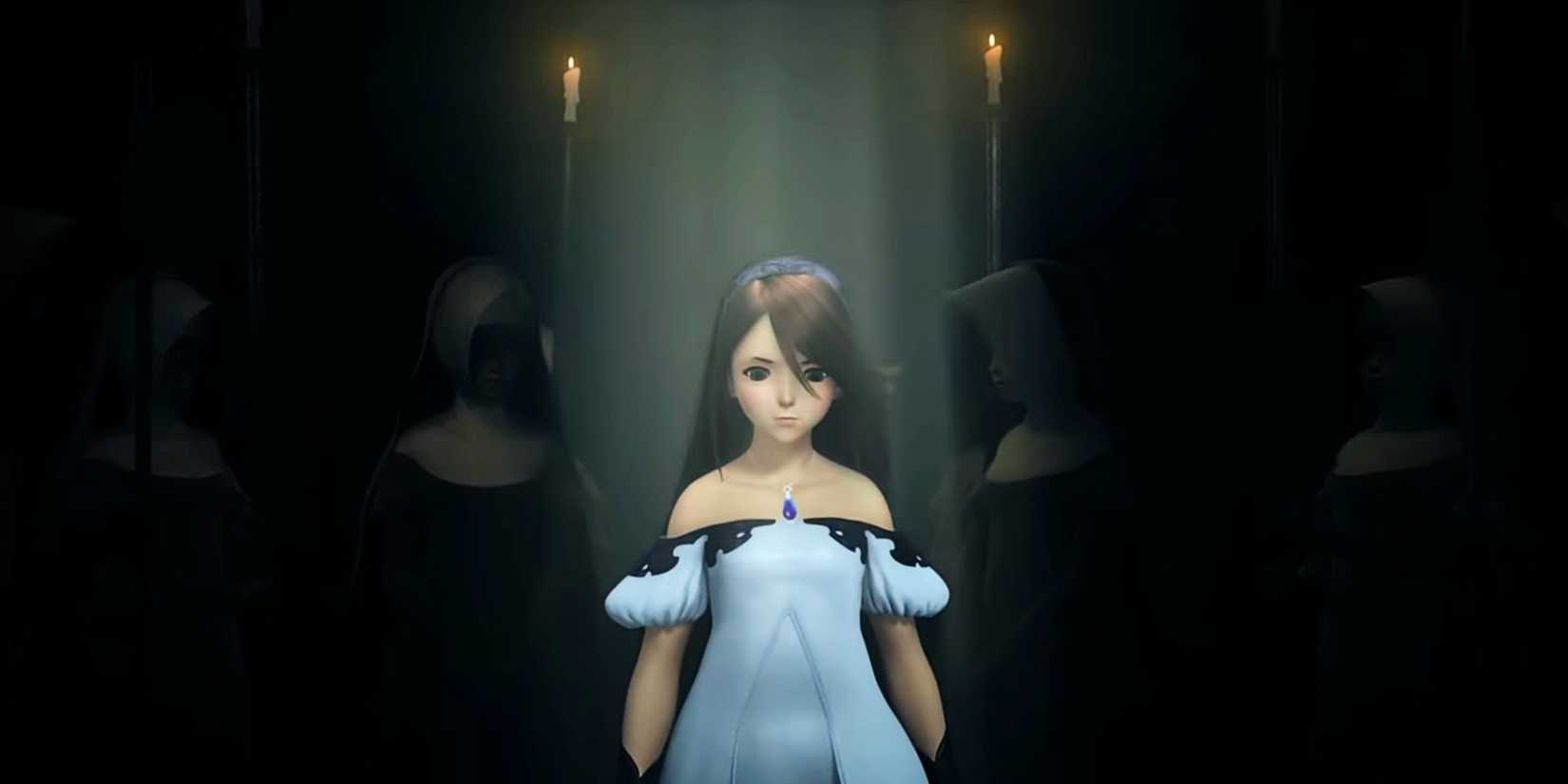 Bravely Default Flying Fairy HD Remaster woman in white dress in the middle of hooded figures.