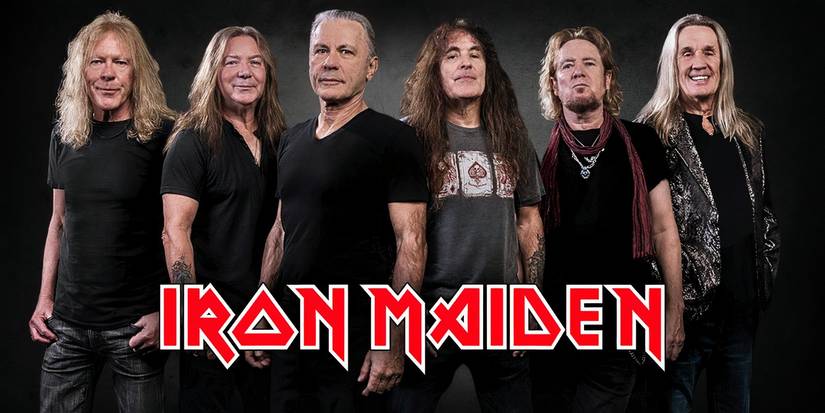 The band Iron Maiden alongside their logo