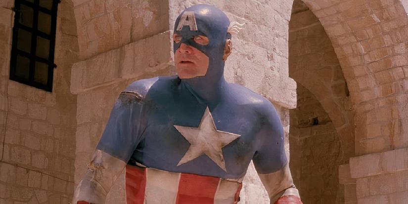 Captain America looking slightly heroic in Captain America (1990)