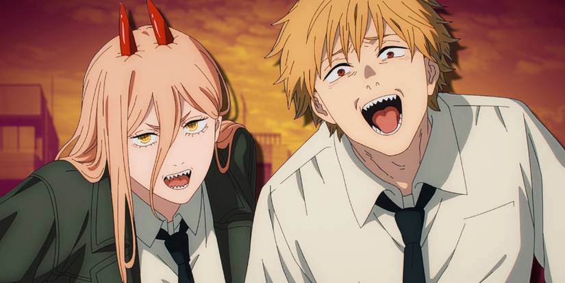 How the Ending of Chainsaw Man: The Movie Chainsaw Man's Denji and Power laughing with an orange and yellow sky behind them.