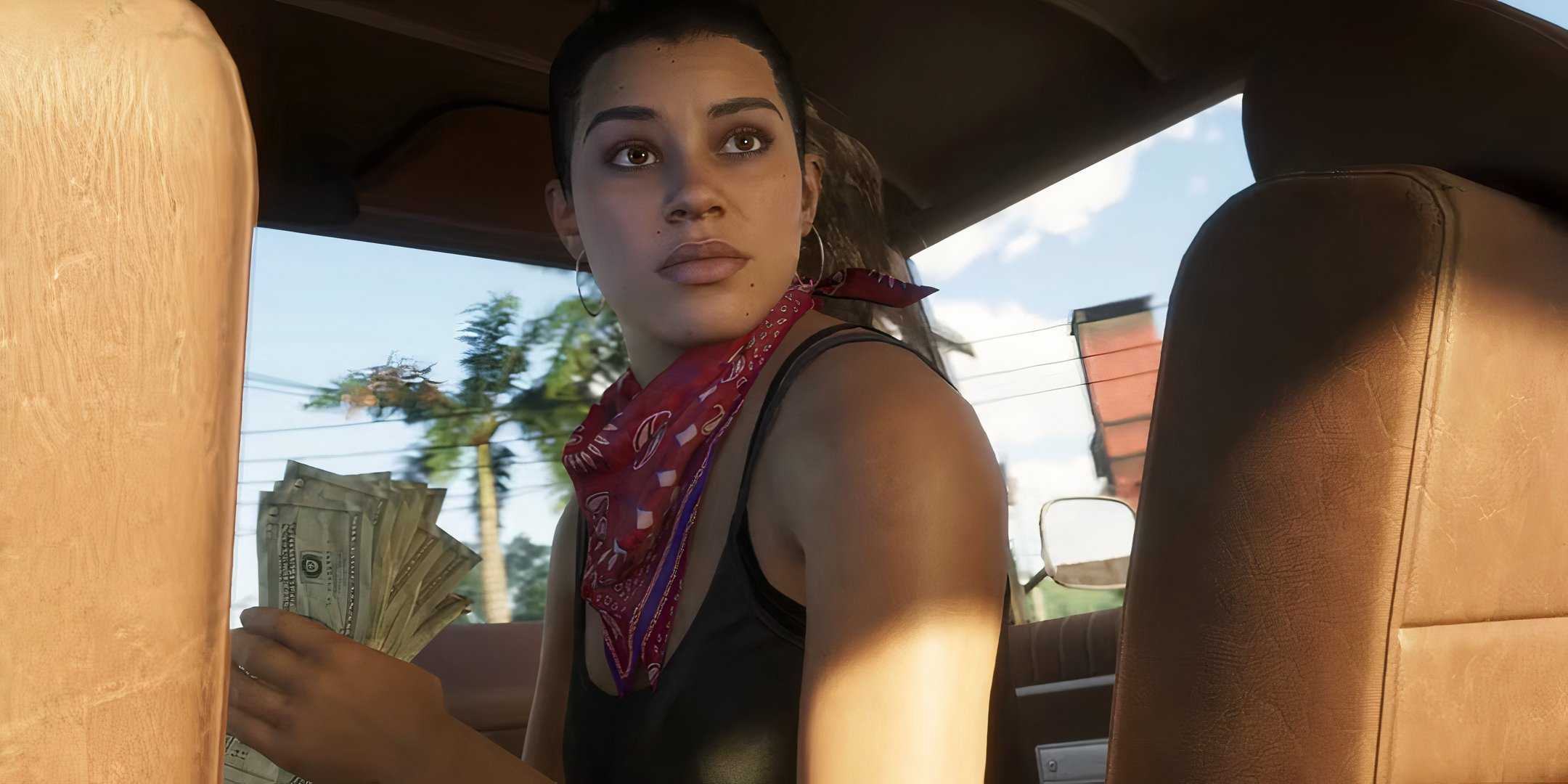 Lucia holding cash in a car in GTA 6.
