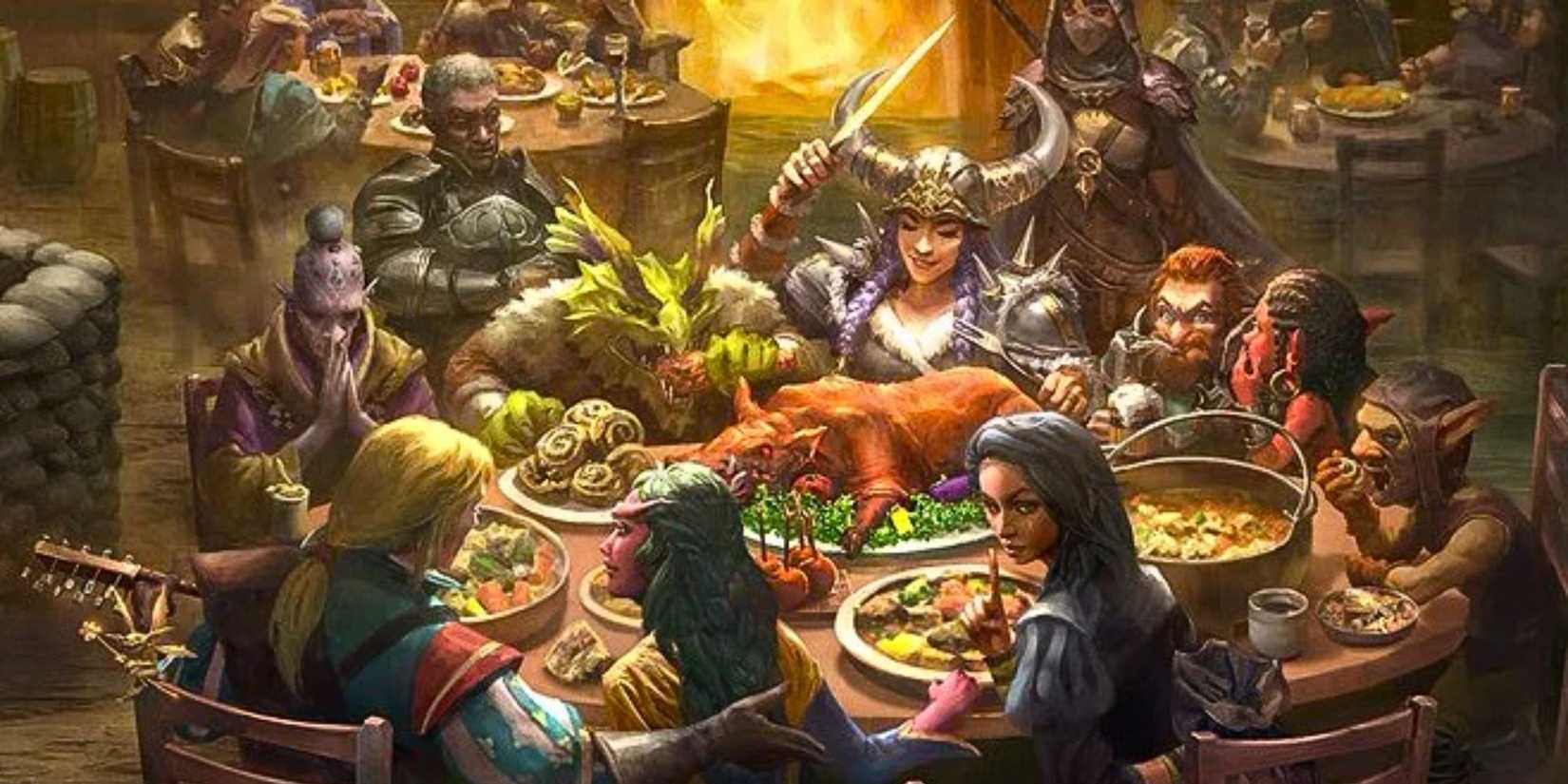 Characters carving a pig at a feast in D&D