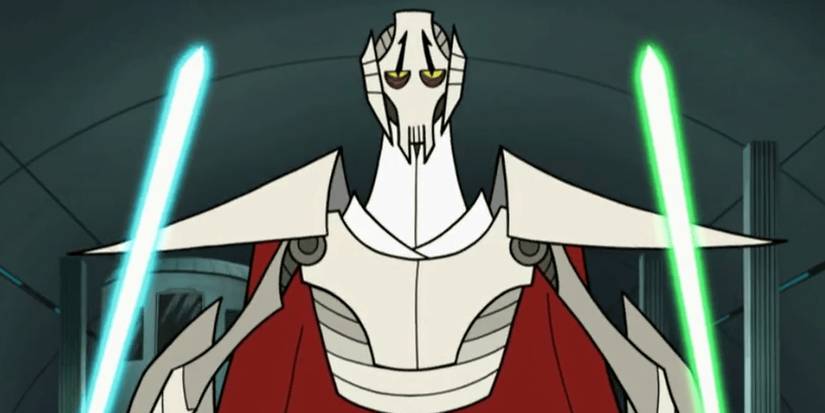 General Grievous wielding two lightsabers in the Star Wars: Clone Wars 2D micro-series.