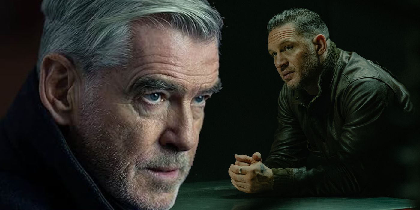 Collage of Conrad (Pierce Brosnan) and Harry (Tom Hardy) in MobLand season 1 episode 1