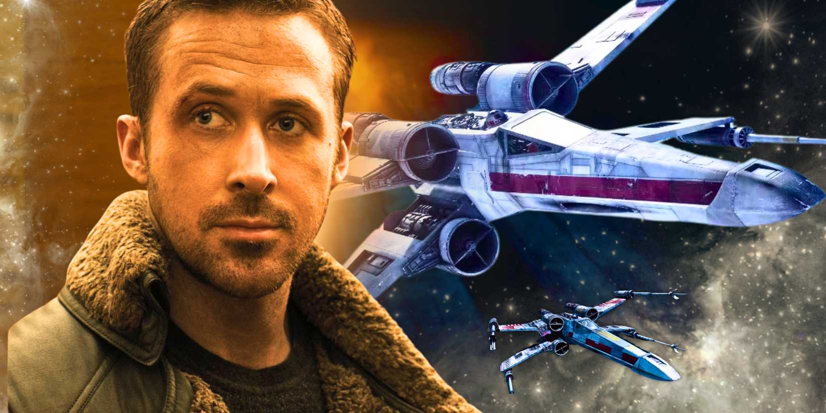 Ryan Gosling edited alongside X-wings flying in the Star Wars franchise.