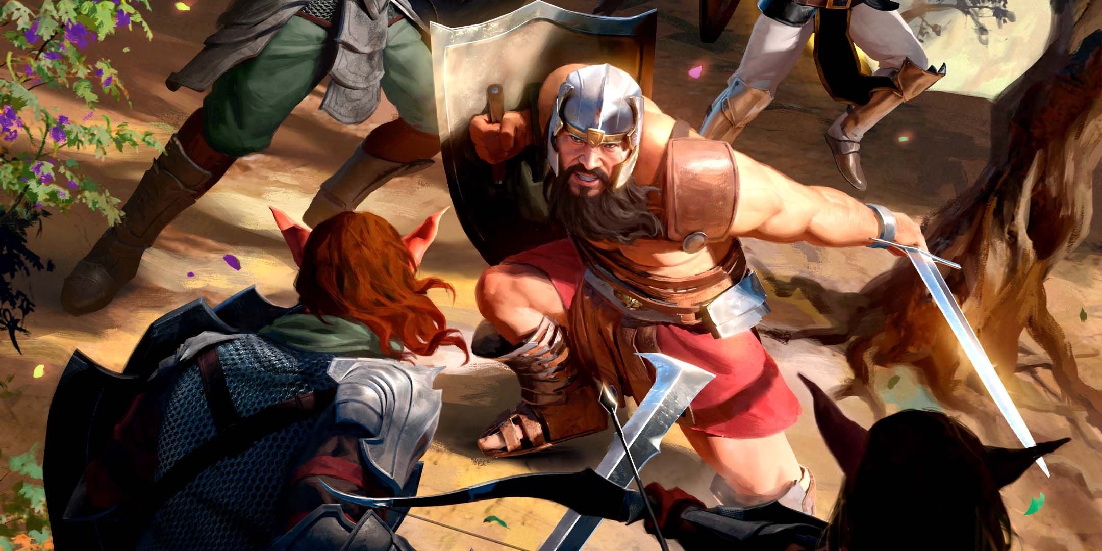 A dwarf character facing hobgoblin enemies in art for D&D's 2025 starter set.