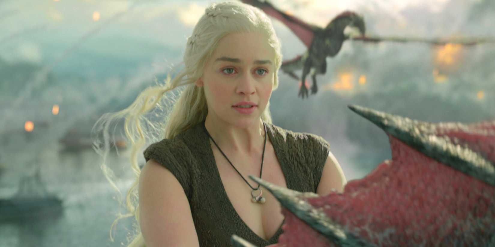 Daenerys Targaryen (Emilia Clarke) on Drogon's back during battle of Meereen in Game of Thrones season 6