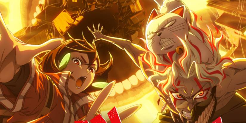 Dandadan's Momo yells with her hands out while Okarun is in his Yokai form with Turbo Granny on his back.