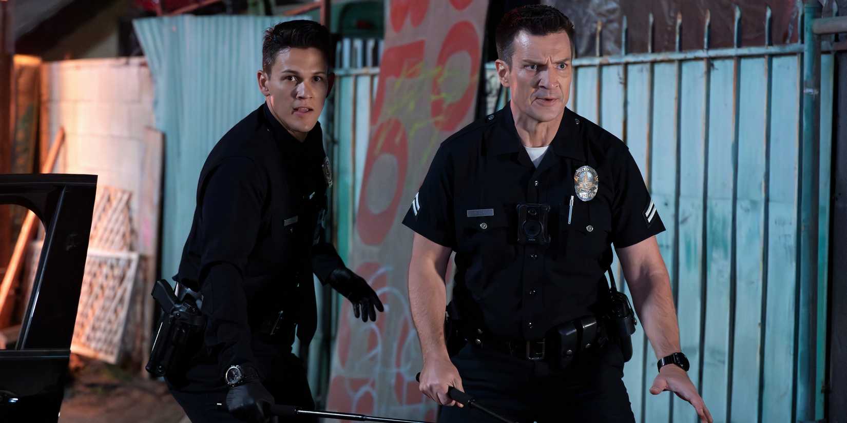 David Gridley as Connor Craig and Nathan Fillion as John Nolan in The Rookie season 7, episode 12 (1)