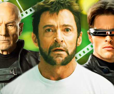Marvel and DC Make Huge Investment in Female Superheroes 1 Hugh Jackman looking shocked as Logan in Deadpool & Wolverine (2024) between Patrick Stewart as Professor X and James Marsden as Cyclops from the original X-Men (2000) above a film reel background