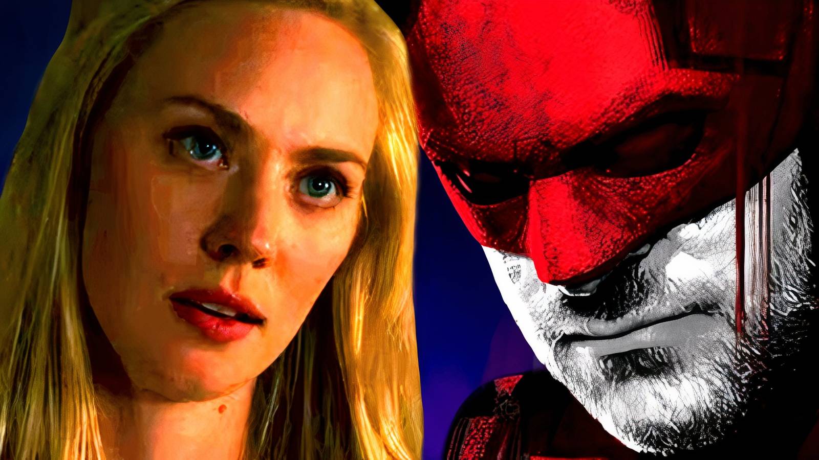 Deborah Ann Woll's Karen Page looks at Matt Murdock wearing his Daredevil cowl in Daredevil Born Again season 1