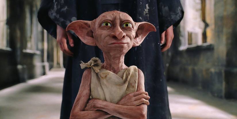 Dobby crossing his arms triumphantly and standing in front of Harry Potter in Chamber of Secrets