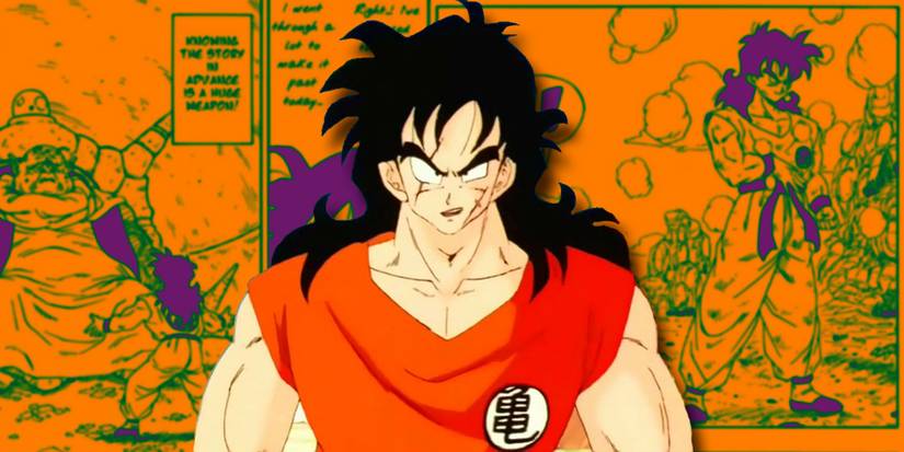 Yamcha in front of panels from the "Reincarnated as Yamcha" manga.
