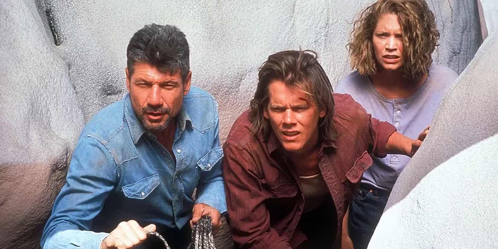 Earl, Val and Rhonda looking confused at something in Tremors