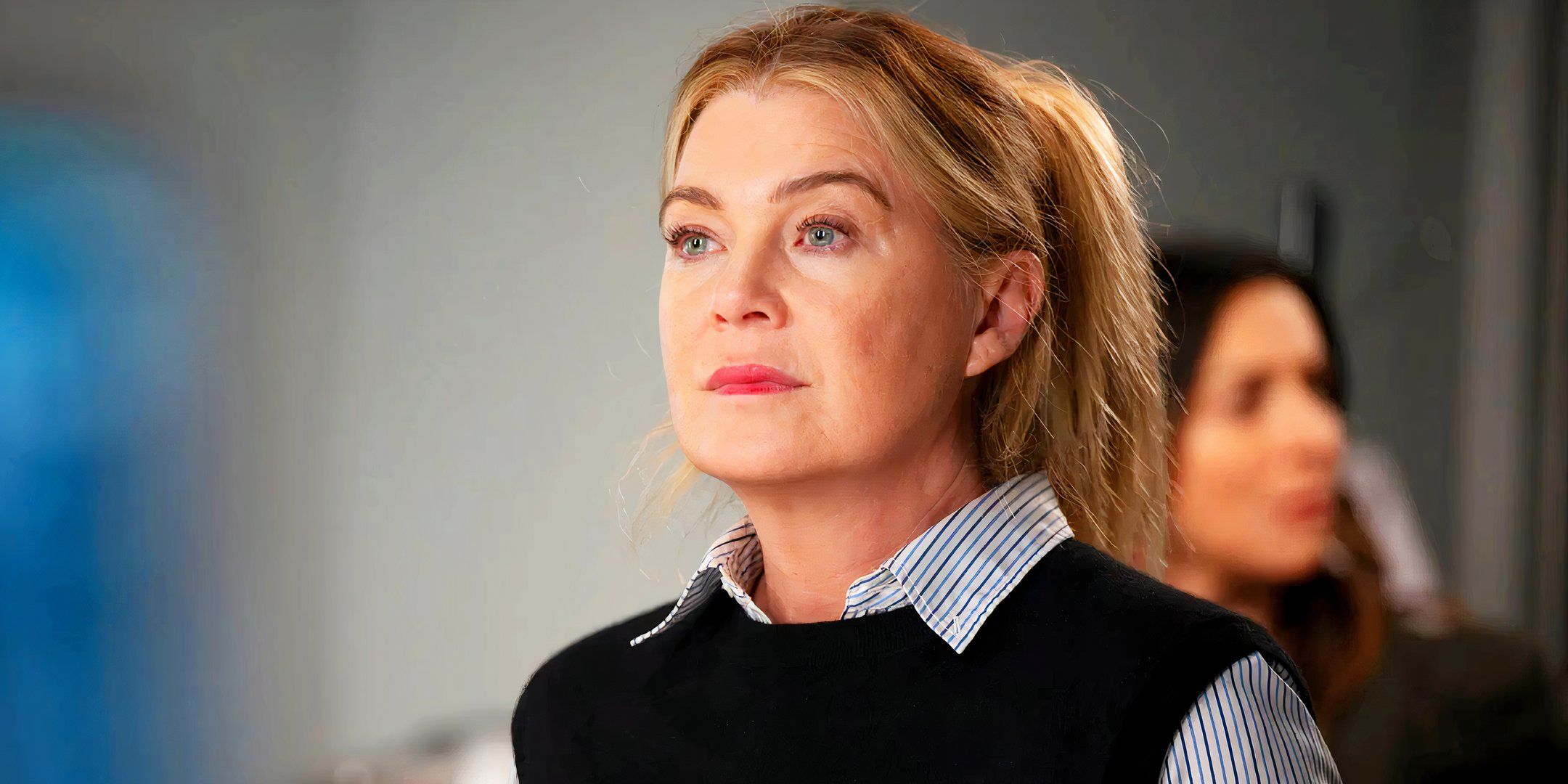 Ellen Pompeo looking solemn as Meredith Grey in Grey's Anatomy season 21