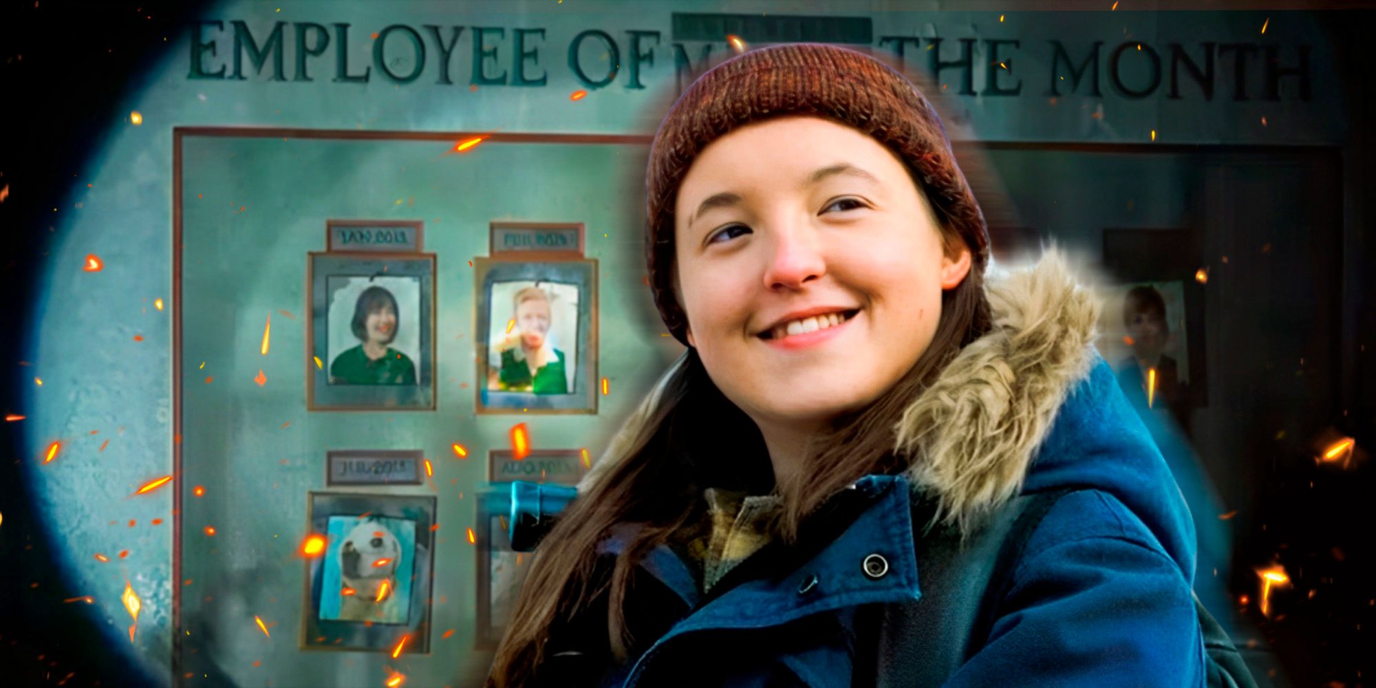 Элли из "Последнего человека" с доской "Лучший сотрудник месяца" из игры на заднем плане