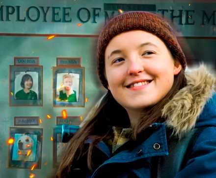 Элли из "Последнего человека" с доской "Лучший сотрудник месяца" из игры на заднем плане