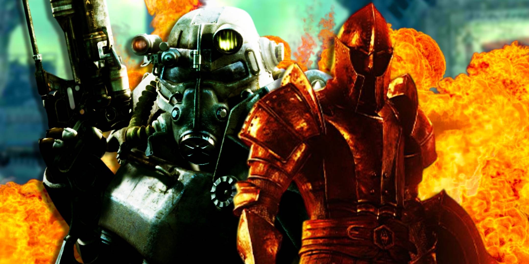 Power Armor from Fallout 3 next to the Oblivion Remastered key art with an explosion behind them.