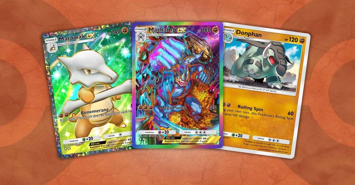 pokemon fighting cards Machamp and Riolu appear atop a blue 10 Best Fighting-Type Cards To