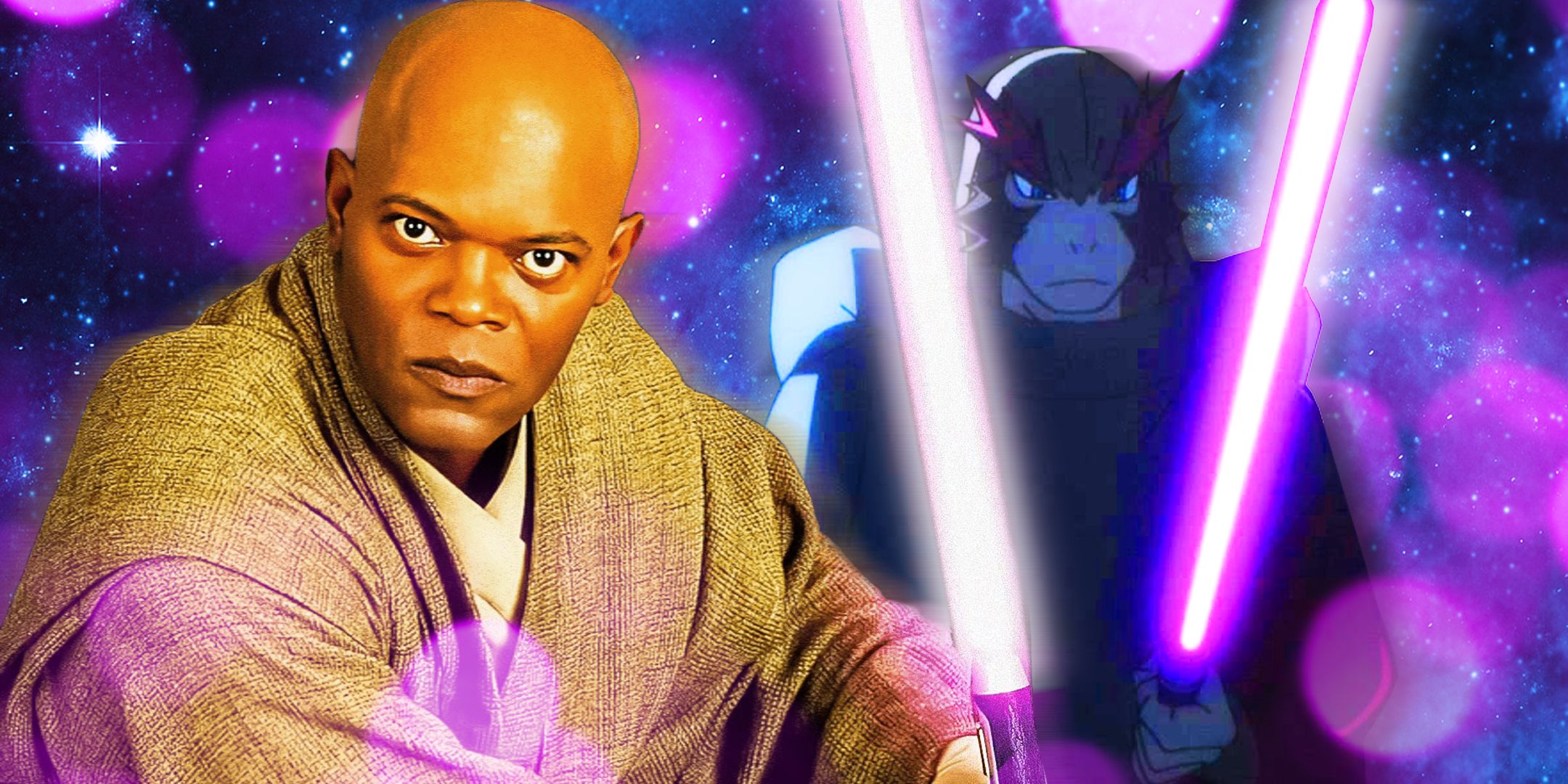 Mace Windu wielding his purple lightsaber and Homen wielding a purple lightsaber in Star Wars: Visions season 1, episode 5 