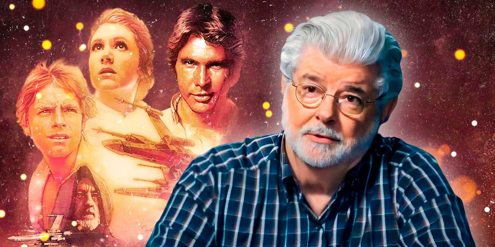 George Lucas en primer plano y un cartel de A New Hope en el fondo