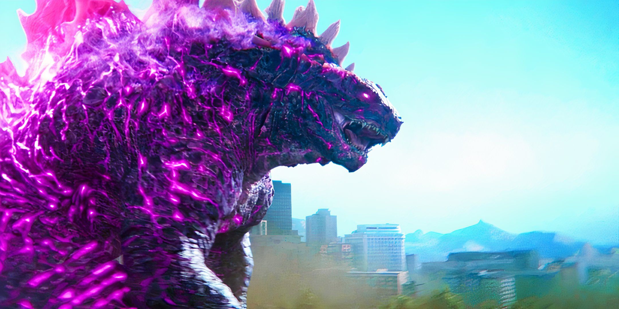 Godzilla looking over his shoulder as he glows with pink energy in Godzilla x Kong The New Empire