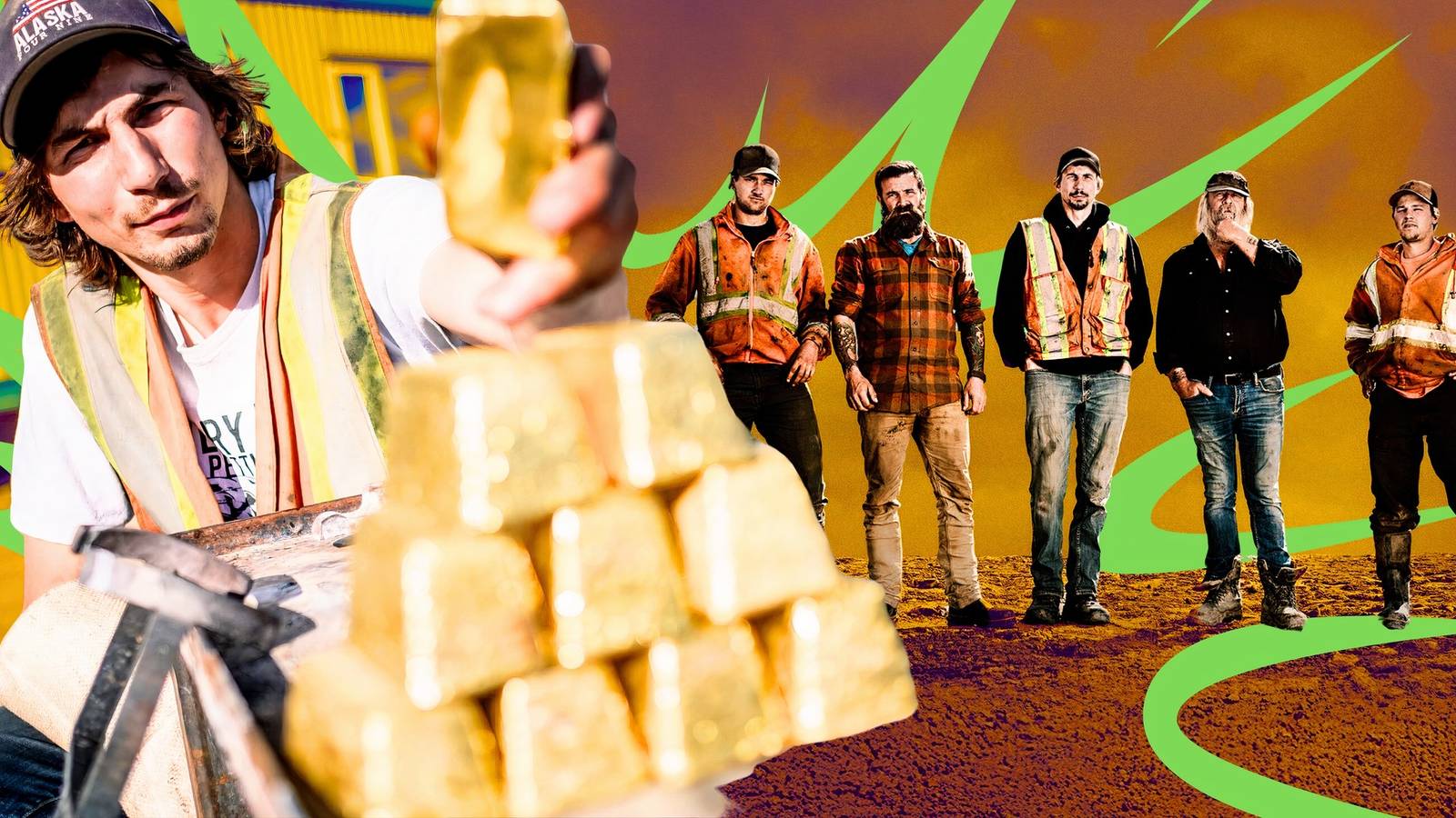 gold rush stars posing with gold bars and in group shot in background in workwear