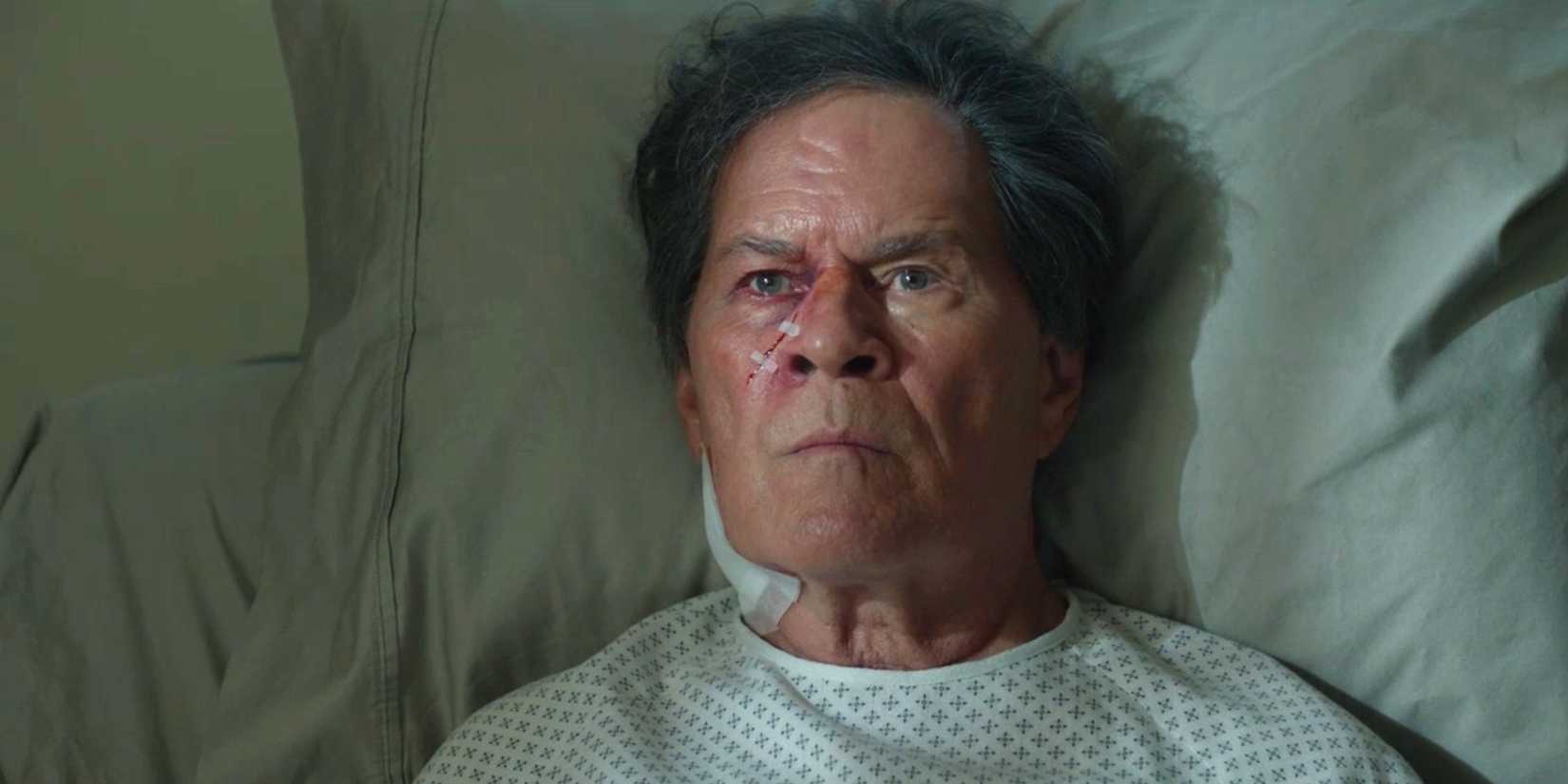 Sheriff Gordo Sena (A Martinez) sitting in a hospital bed with a busted up face in Dark Winds season 2, episode 6