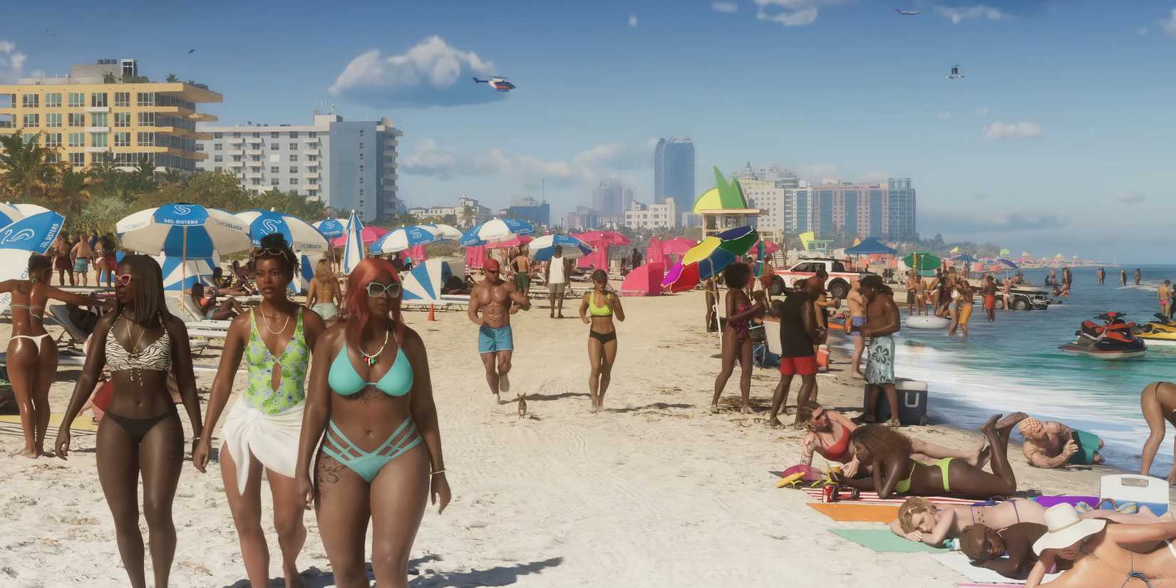 Grand Theft Auto 6 beach, featuring dozens of NPCs.