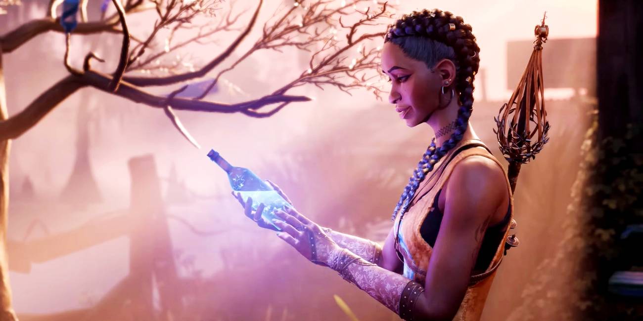 Hazel holding a blue, glowing glass bottle in South of Midnight.