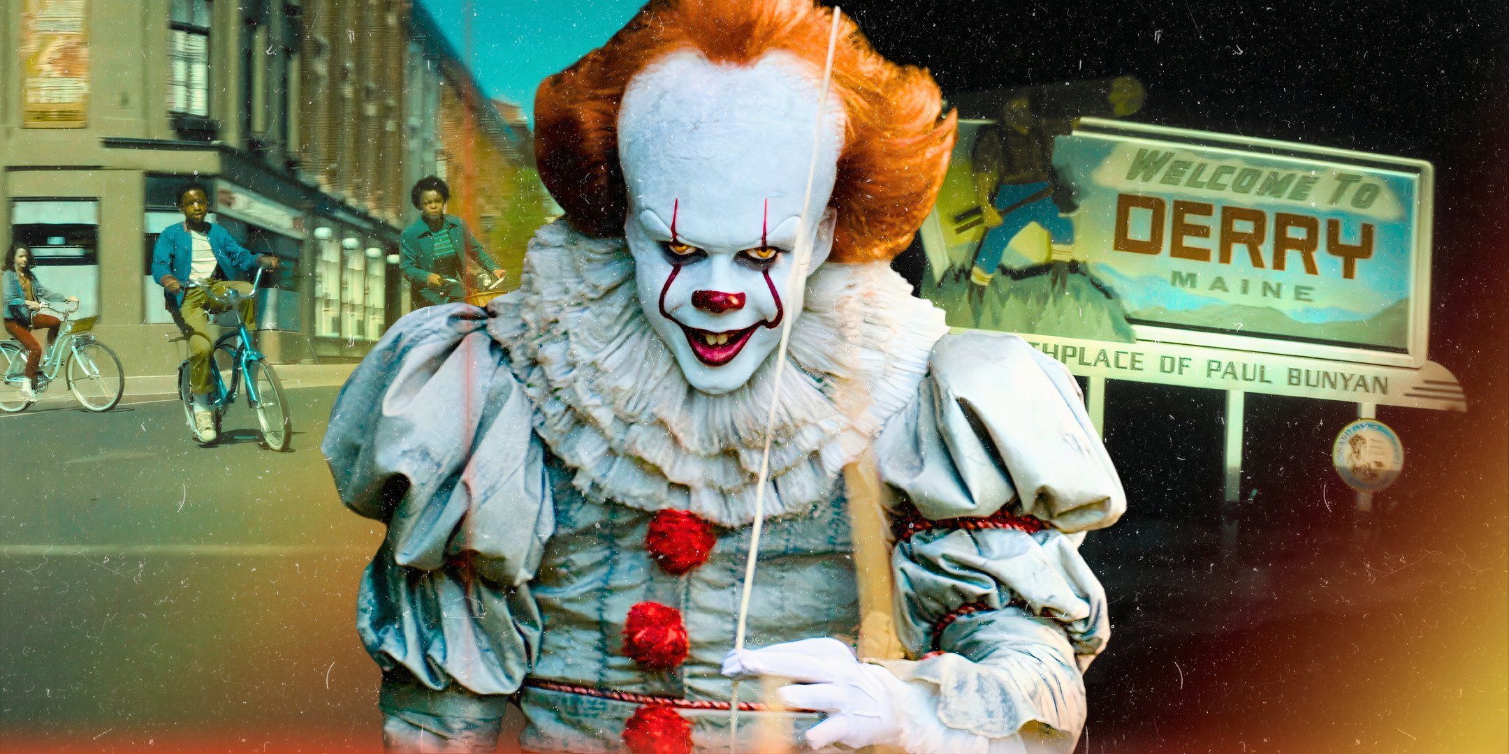 Pennywise holding a balloon is in front of teenagers riding bikes and a "Welcome to Derry" sign.