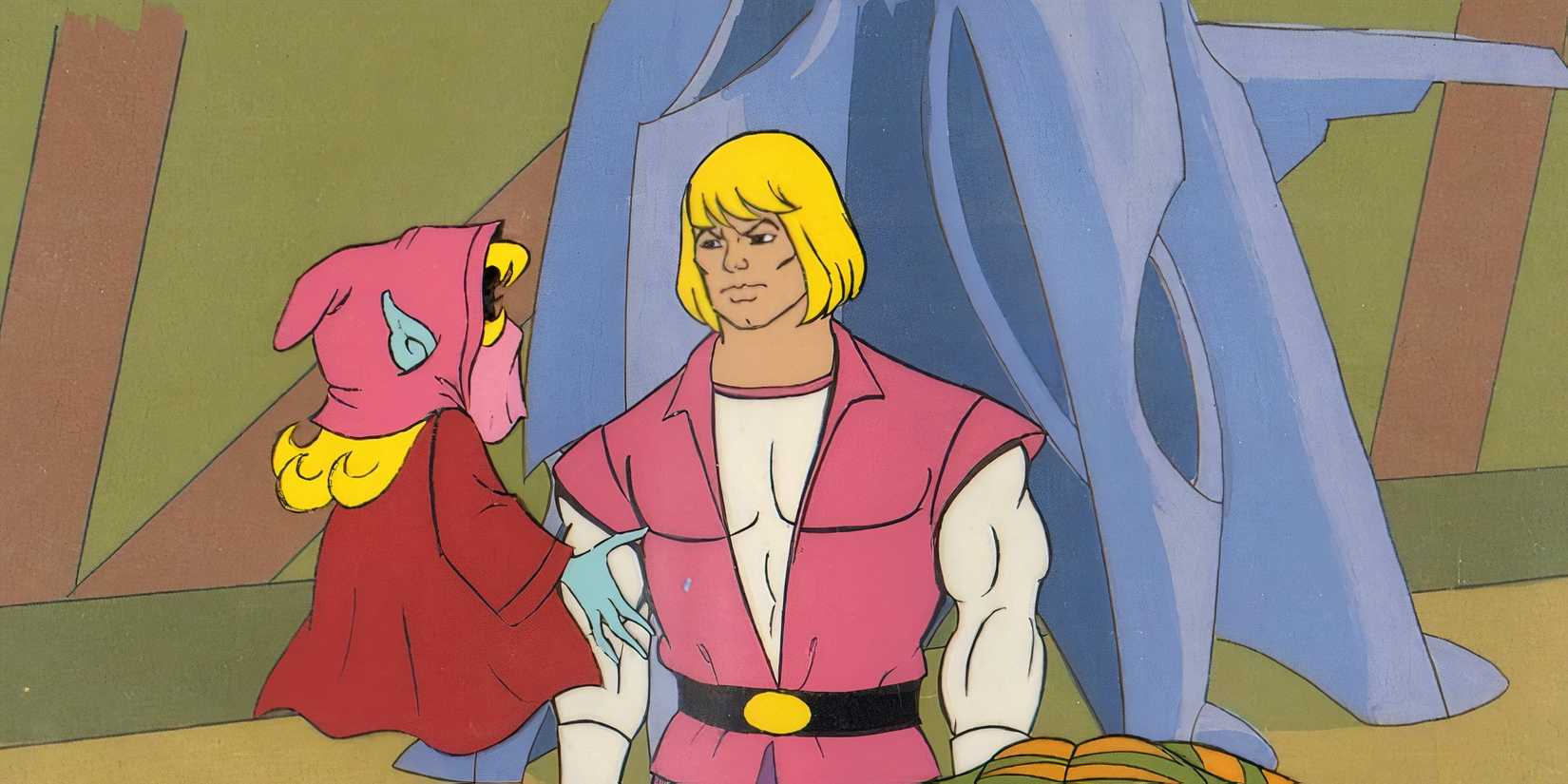 He-Man is standing and looking over at Dree Elle with a serious look on his face. 