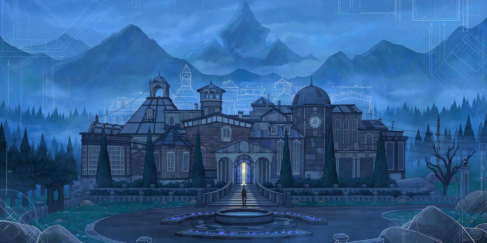 A large mansion sits in the middle of a forest at night in Blue Prince.