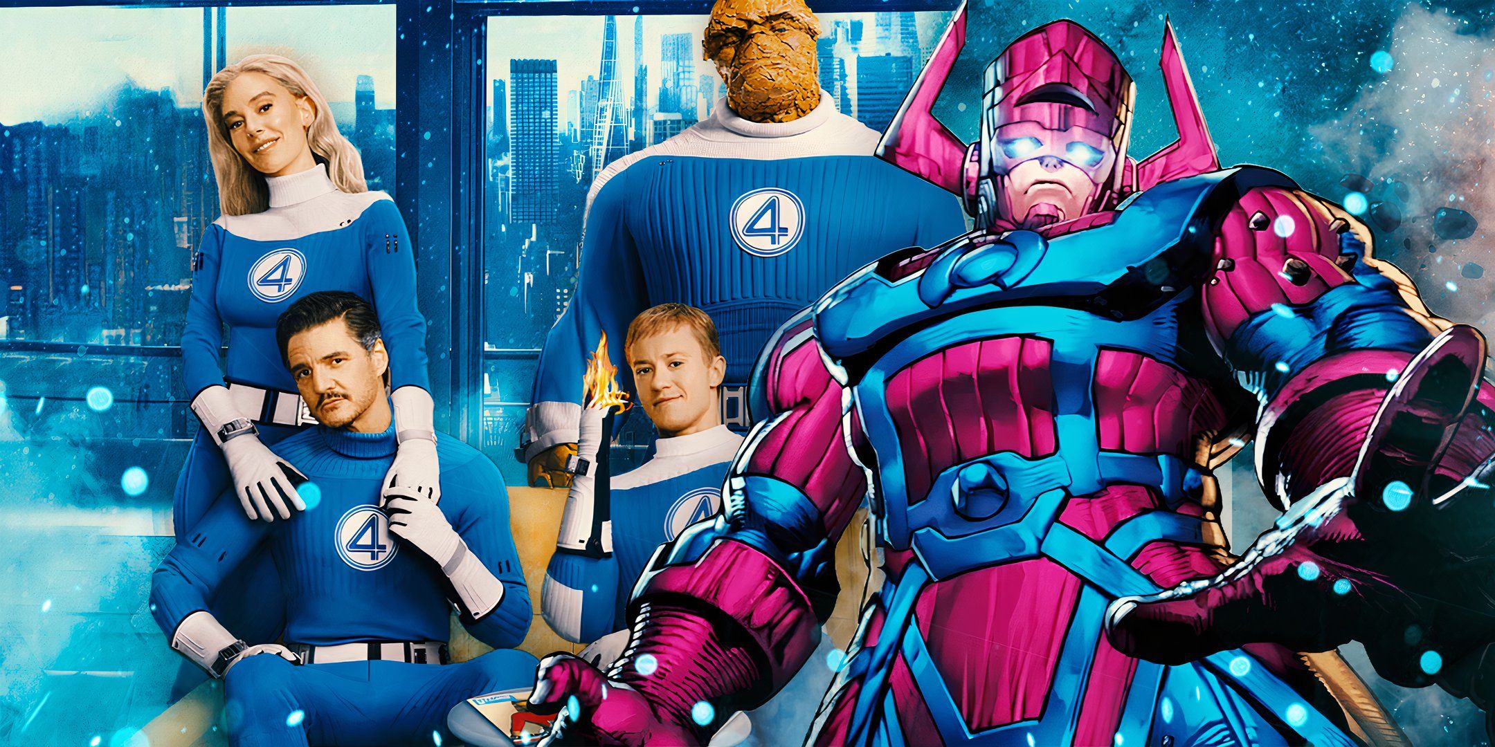 The team from The Fantastic Four: First Steps (2025) next to artwork of Galactus from Marvel Comics