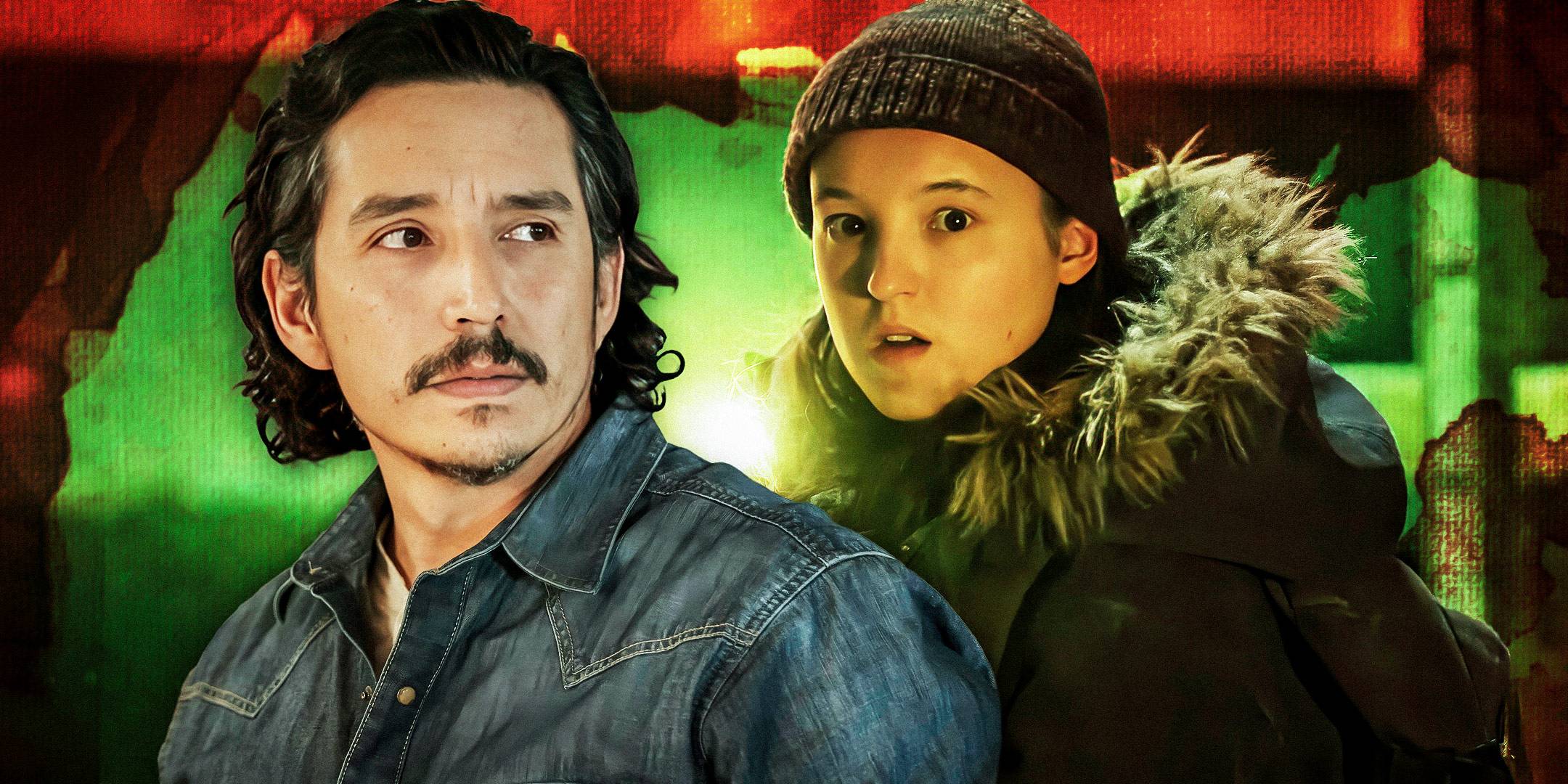 Gabriel Luna as Tommy looking to the side next to Bella Ramsey looking shocked in The Last of Us
