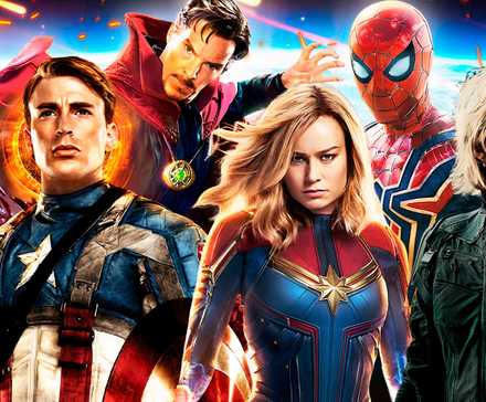 Коллаж из Ирона Мэна, Капитана Америки, Доктора Стрэнджа, Капитан Марвел, Спайдера и Елены в MCU
