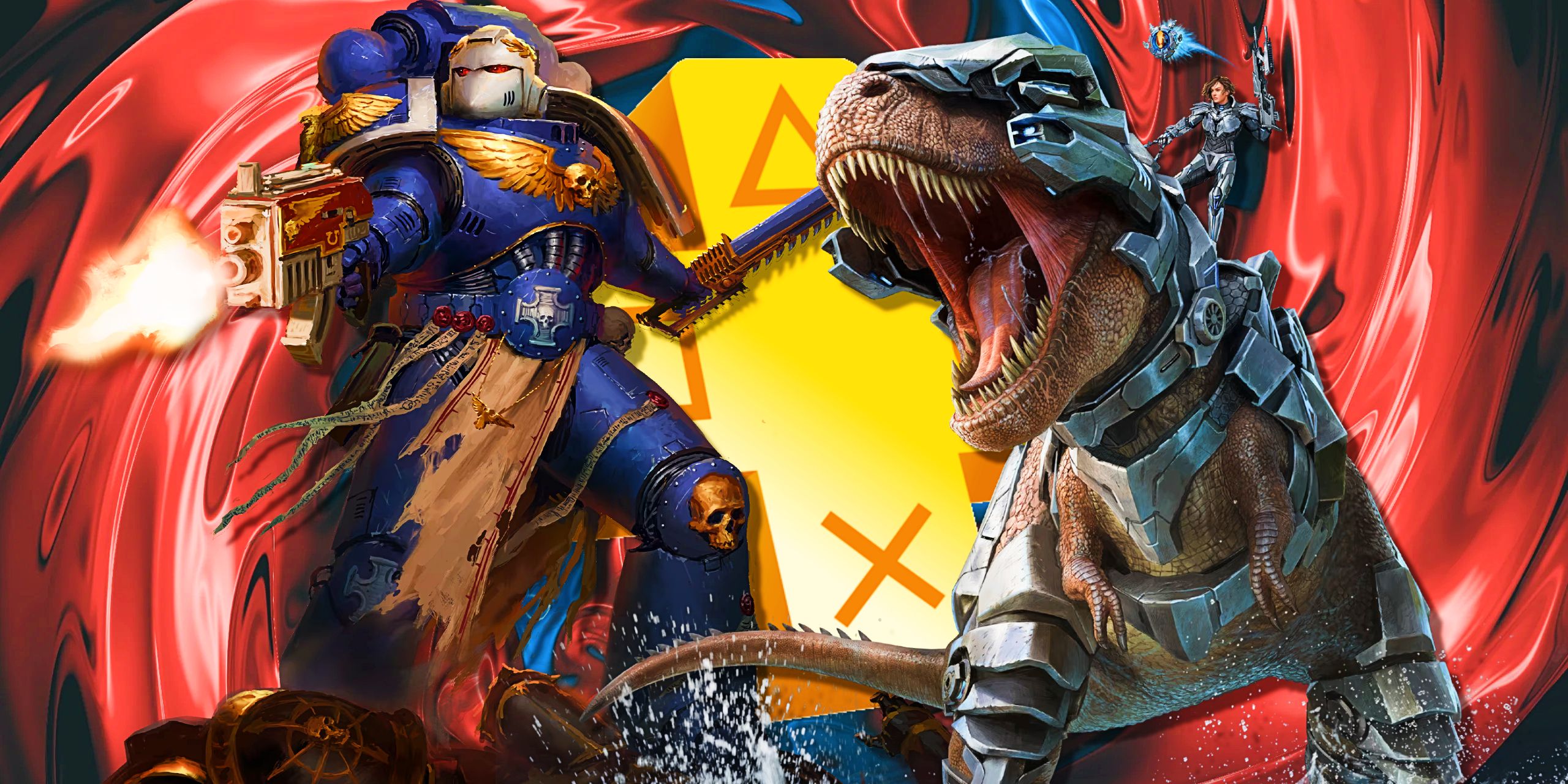 Images from Warhammer Boltgun, Ark Survival Ascended, and Balatro with the PS Plus logo.