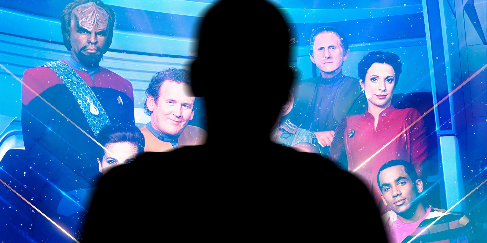 Jake Sisko IN SILHOUETTE and the cast of Star Trek DS9 season 7 behind him