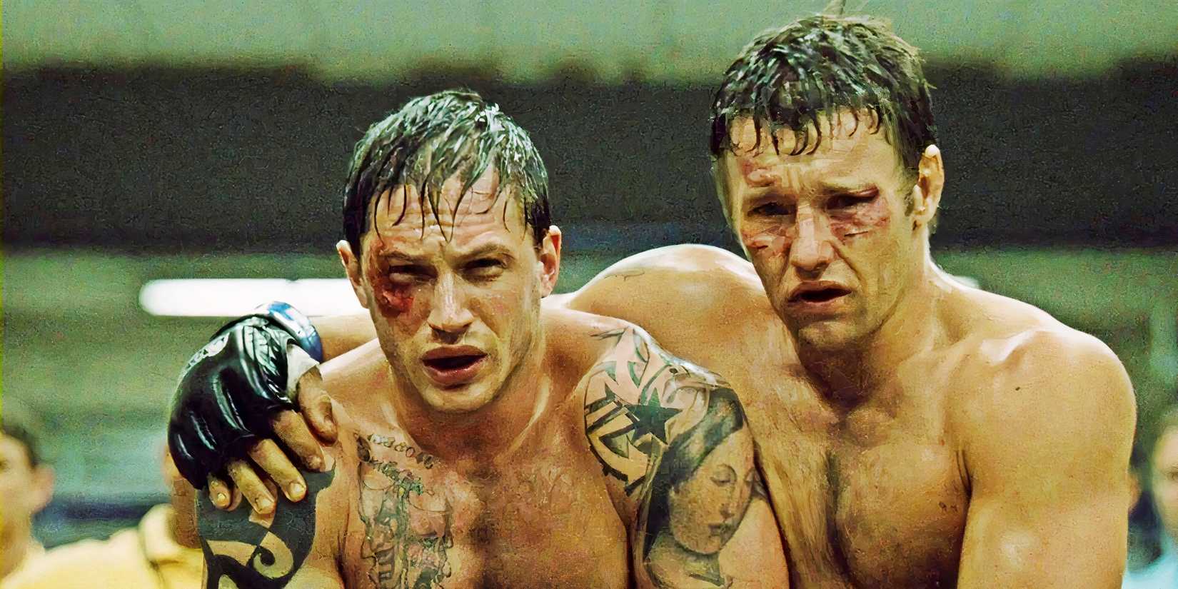 Joel Edgerton (Brandon) and Tom Hardy (Tommy) looking beaten up in Warrior