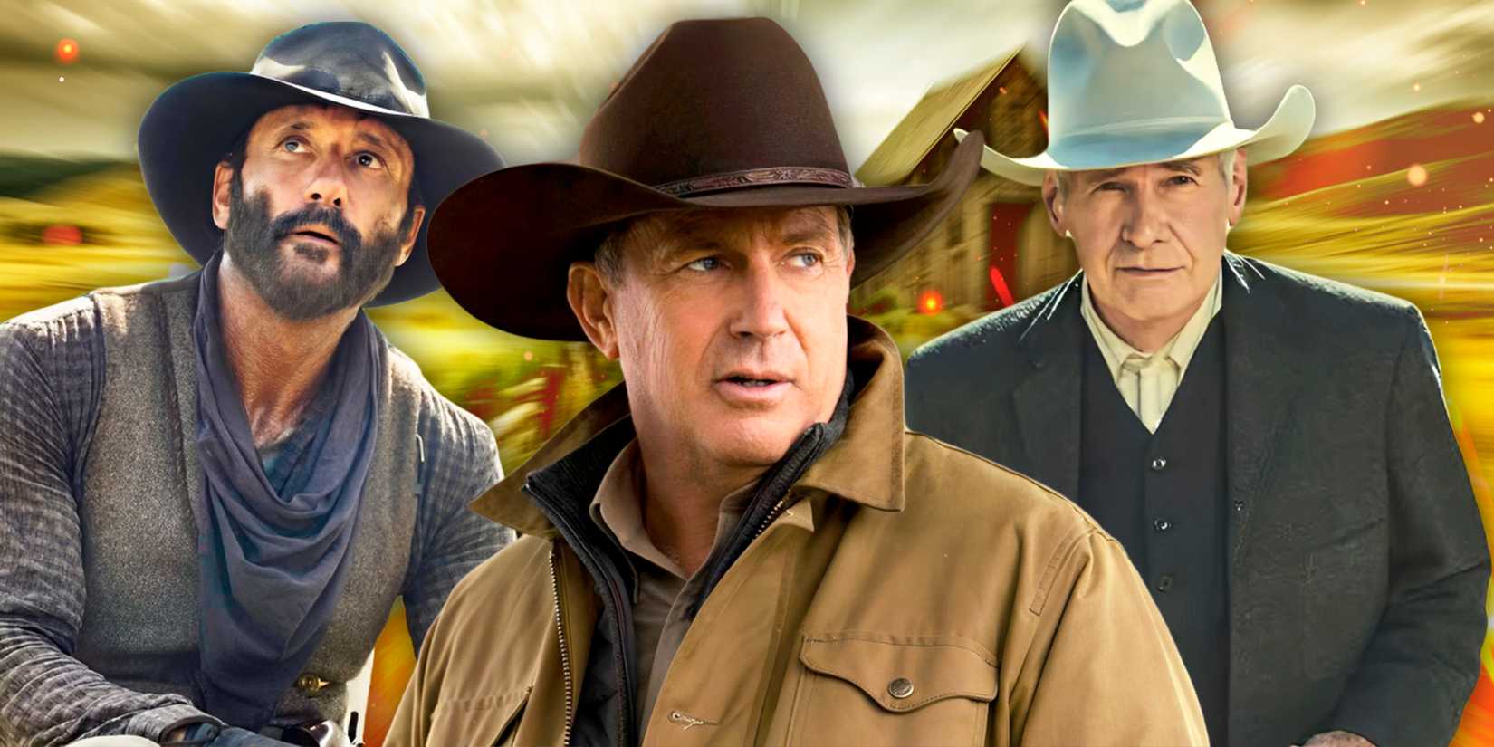 James Dutton (Tim McGraw) from 1883, John Dutton III (Kevin Costner) from Yellowstone, and Jacob Dutton (Harrison Ford) from 1923 in front of a ranch