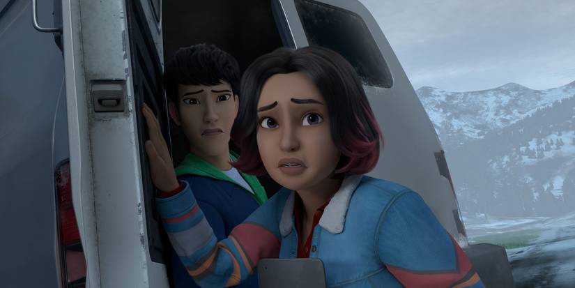 Sammy e Kenji parecem assustados em Jurassic World: Chaos Theory temporada 3